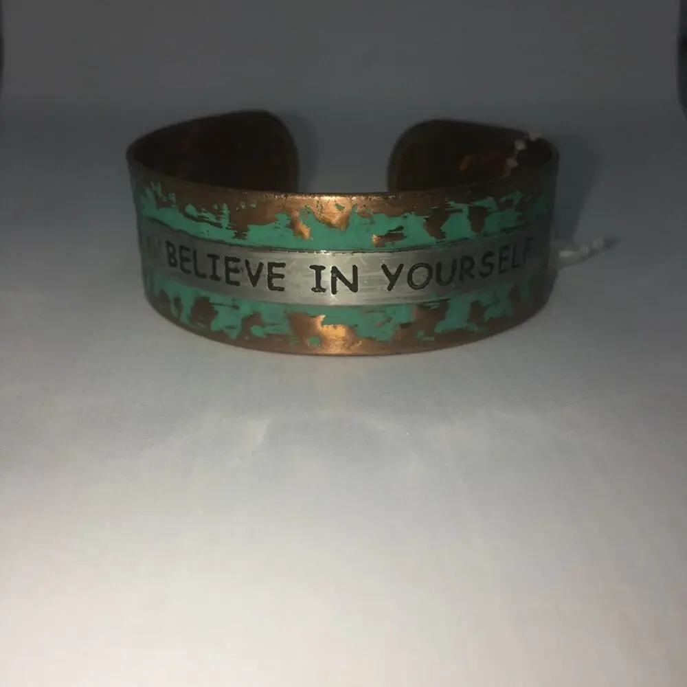 Believe In Yourself Oxidized Cuff Bracelet - Copper, Green - Picture 7 of 7